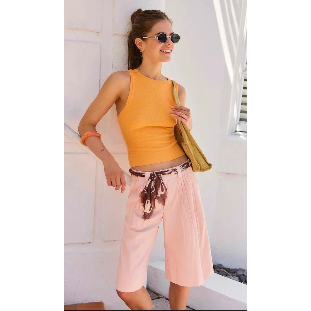 Free People Sadie A Line Long Shorts Peach Blush Pleated Bermuda Size 8‎ NWT
